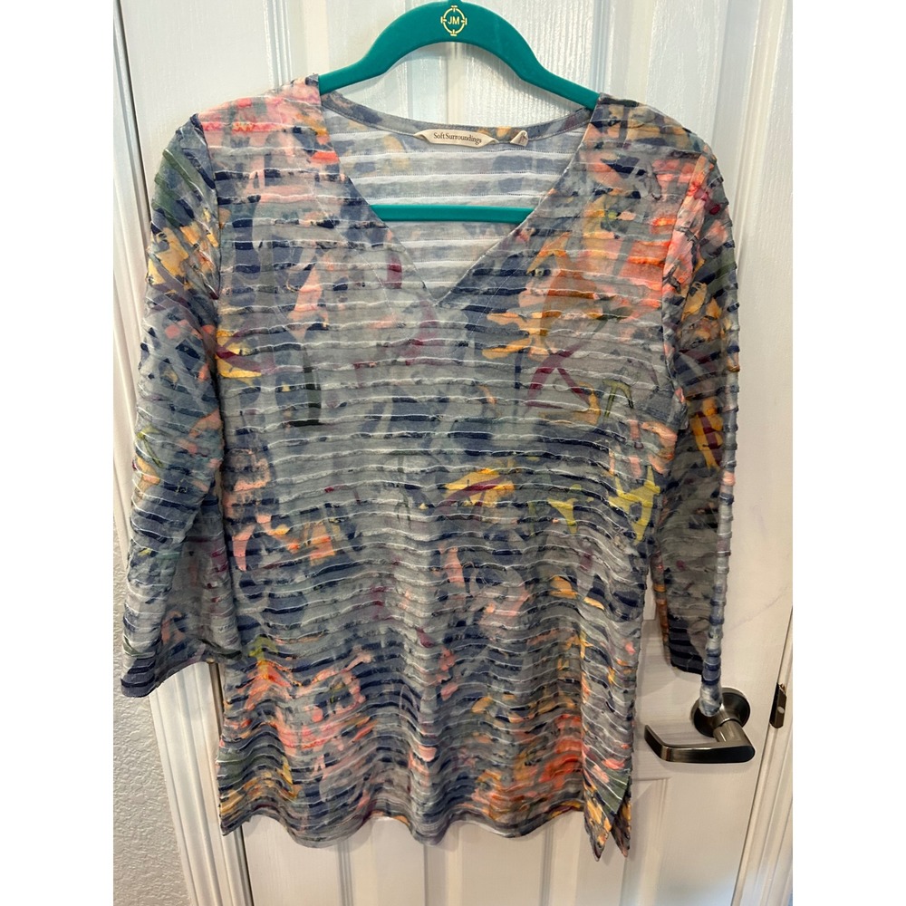 Soft Surroundings Top Blue Abstract Floral Textured Stripe V-Neck 3/4 Sleeve M